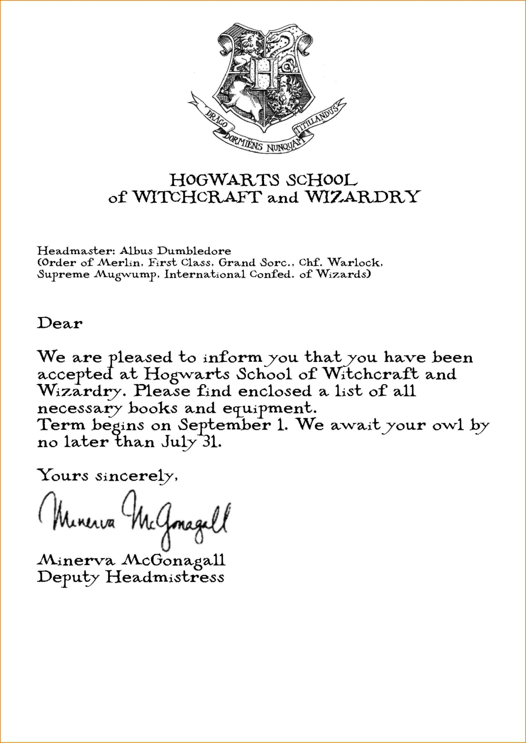 Hogwarts Acceptance Letter Template Free Printable Free