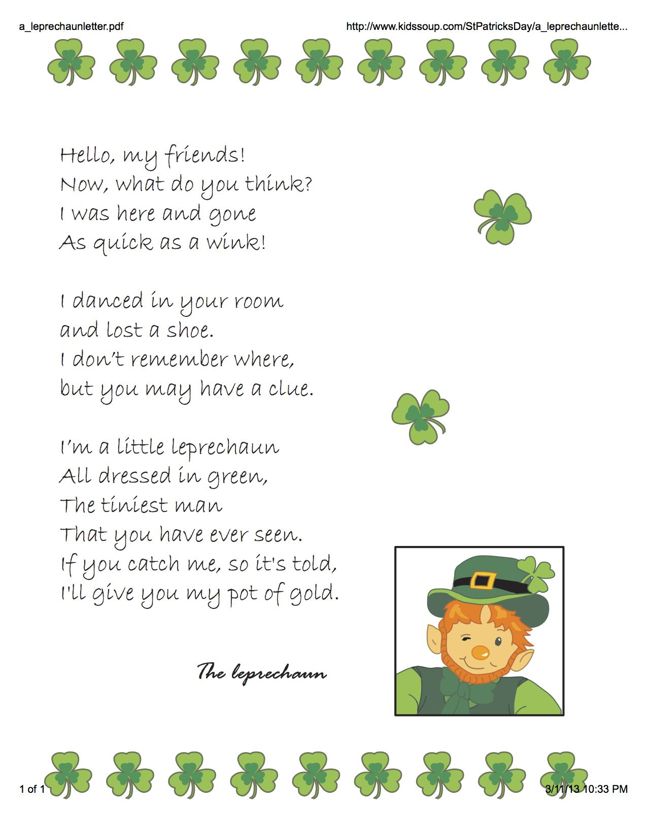 LETTER FROM THE LEPRECHAUN St Patrick Day Activities St 