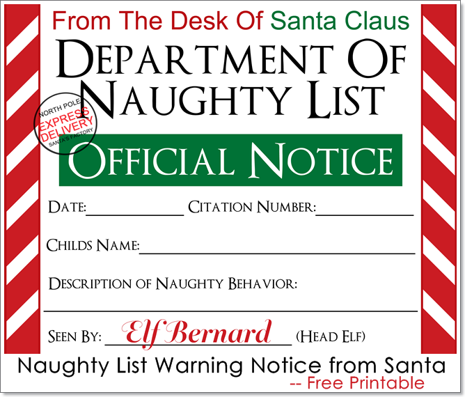 Naughty List Warning Notice From Santa Free Printable 