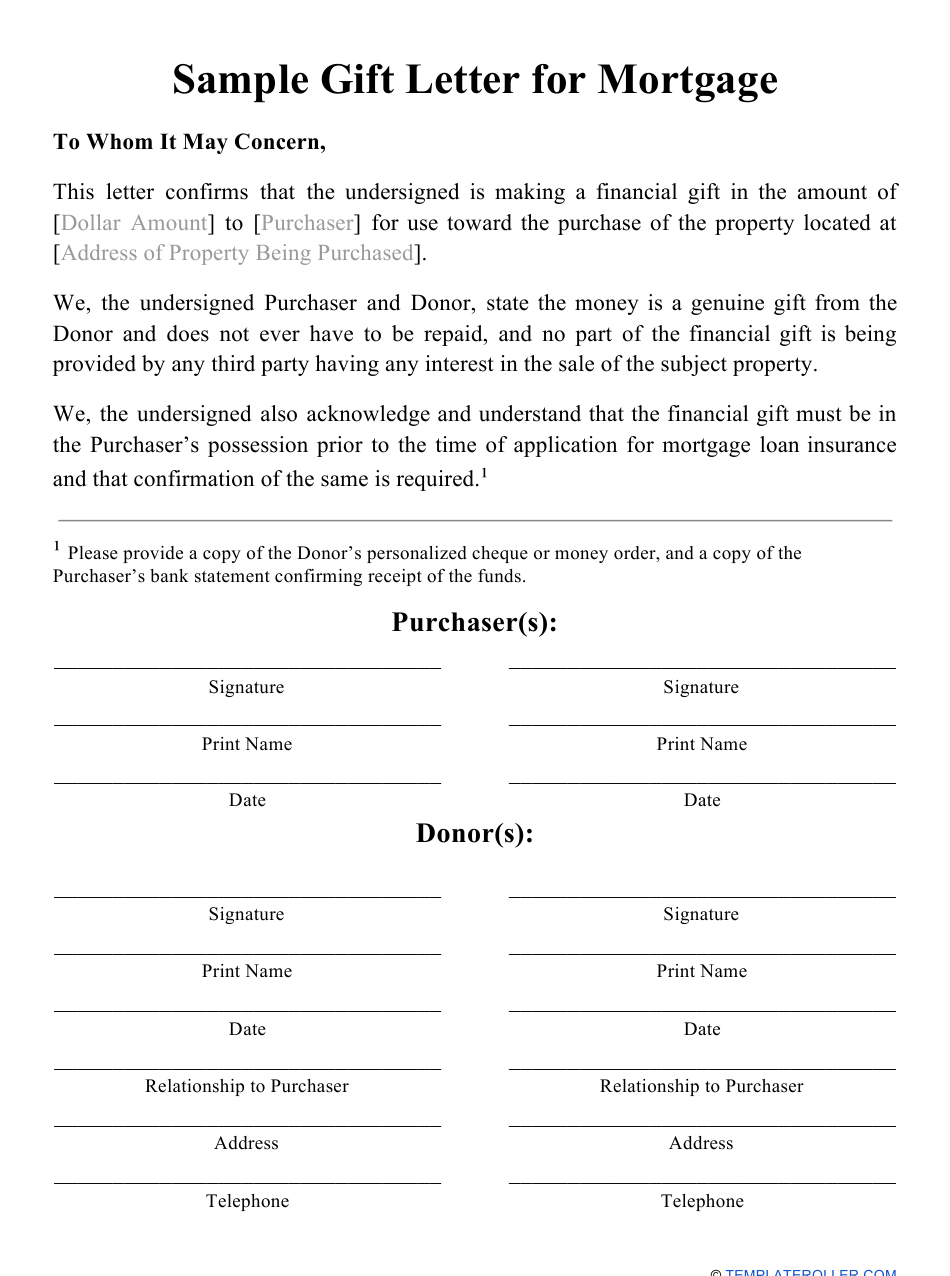 Sample Gift Letter For Mortgage Download Printable PDF 