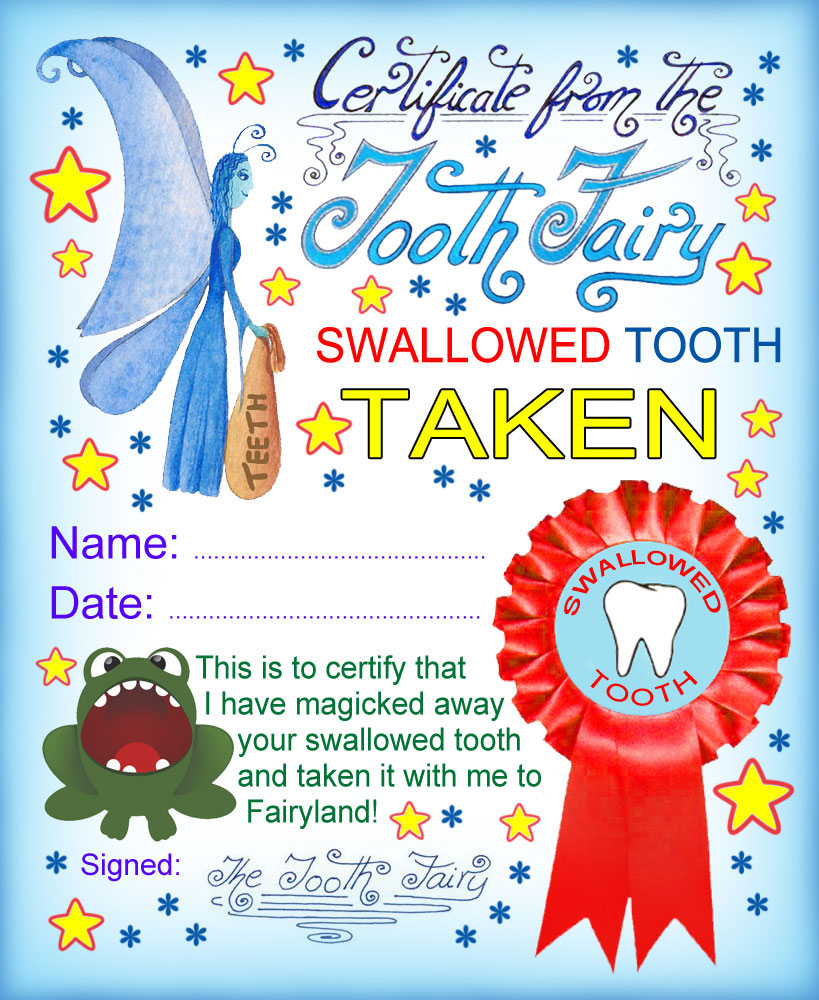Tooth Fairy Certificate Swallowed Tooth Taken Rooftop 