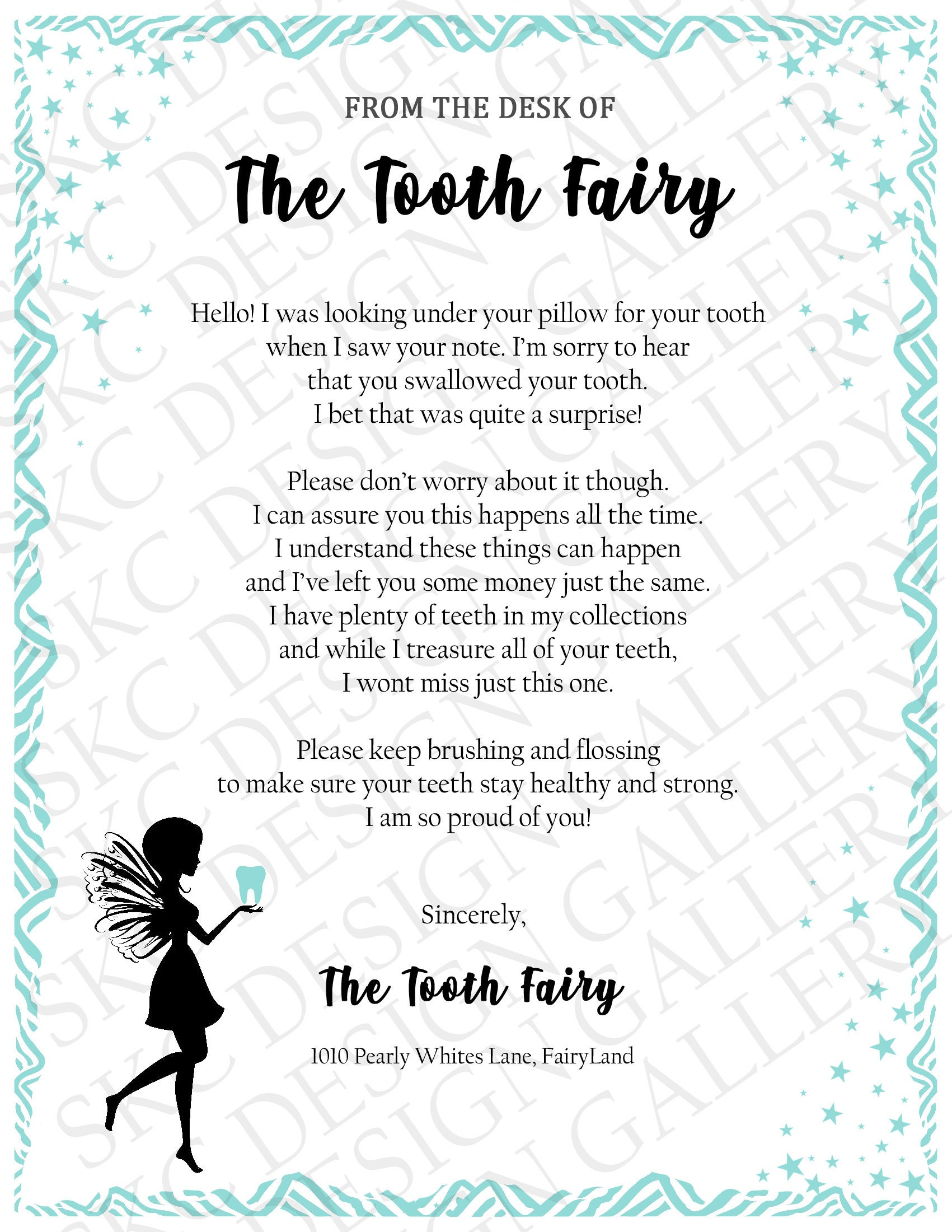 Tooth Fairy Letter Child Swallowed Tooth Letter From Tooth 