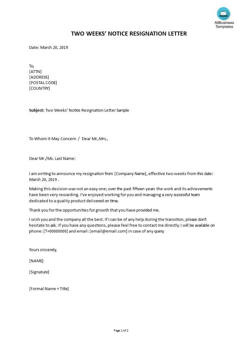 Two Weeks Notice Resignation Templates At