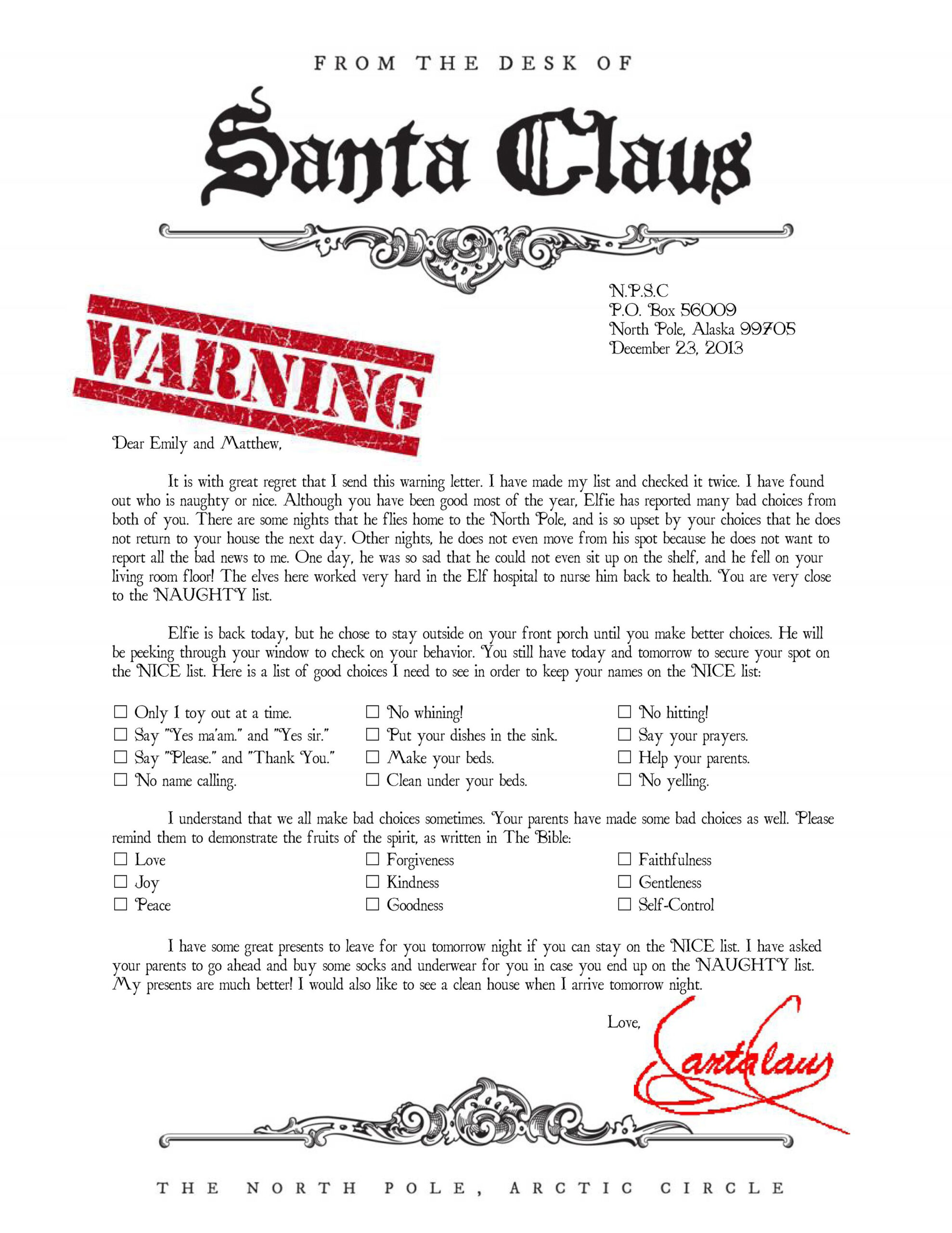 Warning Letter From Santa Naught List Santa Letter 