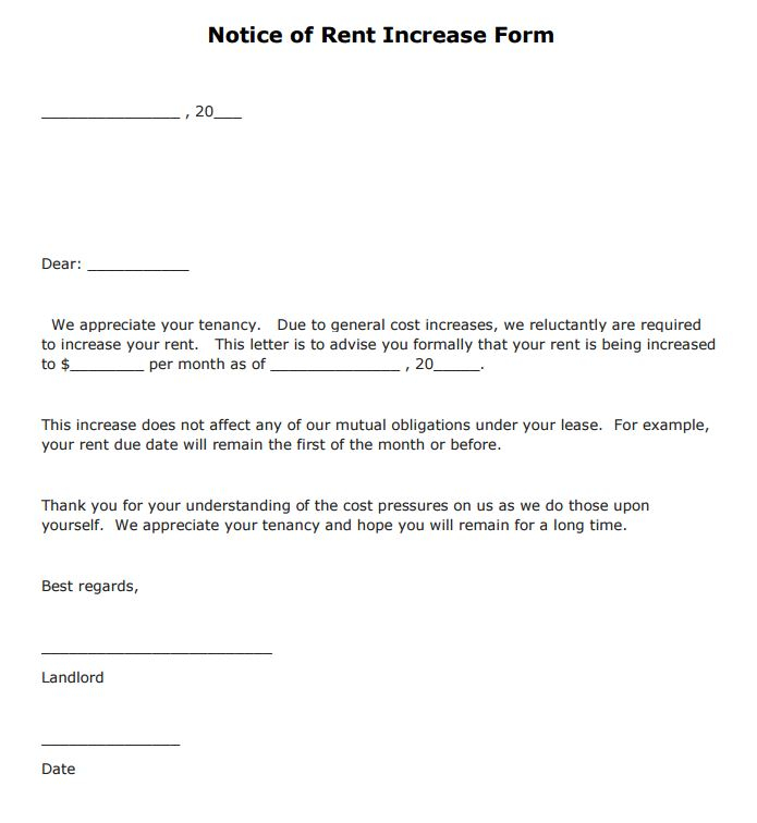 Free Notice Of Rent Increase Form PDF Template Form 
